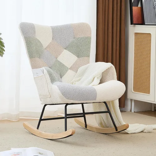 Miniatura 11 de Silla mecedora tapizada estilo oso de peluche para cuarto de bebé, con respaldo alto, silla lateral cómoda para sala de estar, dormitorio, oficinas