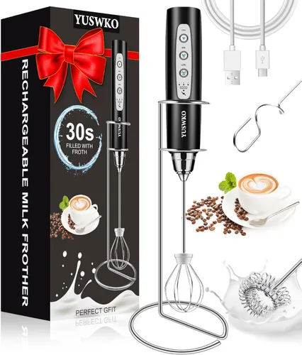 Miniatura 30 de YUSWKO - Espumador de leche recargable de mano con 3 cabezas, mezclador de bebidas con 3 velocidades ajustables para latte, cappuccino, chocolate