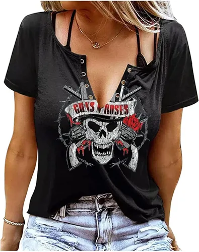 Guns N' Roses Graphic - Camiseta de manga corta con cuello en V para mujer, camiseta de música rock vintage