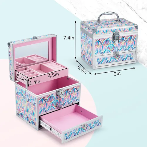 Miniatura 6 de Hododou Joyero organizador para niñas con cajón y espejo, estilo cola de sirena, estuche de almacenamiento con cerradura para niños o niñas