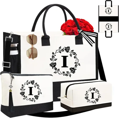 Miniatura 10 de Adyoung - Bolsas de mano con monograma, 3 bolsas de mano personalizadas con iniciales para mujeres, regalos de cumpleaños, bolsa de lona con letras