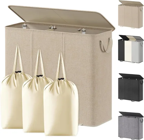 Miniatura 30 de Lifewit Cesta de lavandería doble con tapa y bolsas de lavandería extraíbles, gran plegable, 2 divisores, cesta de ropa sucia con asas para Negro