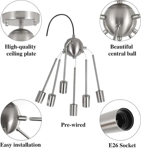 Miniatura 7 de LASENCHOO Lámpara de techo Sputnik, lámpara de techo de 8 luces Sputnik en níquel cepillado, lámparas de araña Sputnik, lámpara de techo moderna