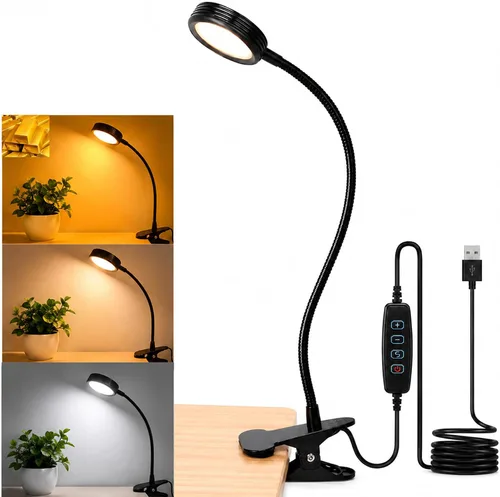 Lámpara de escritorio USB con clip con 3 modos de color, brillo ajustable, cuello de cisne, temporizador de 1 minuto, luz de libro para leer libro