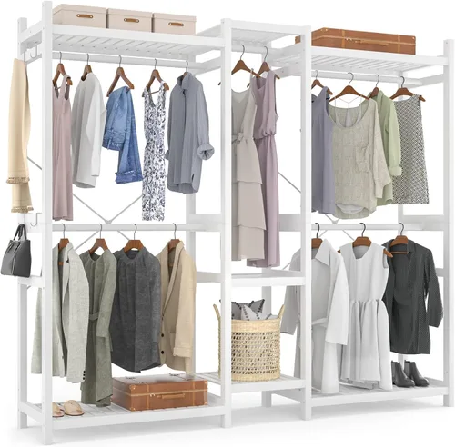 Miniatura 10 de Homykic Perchero de bambú para colgar ropa, perchero resistente con estantes ajustables de 7 niveles, varillas dobles, 4 ganchos, sistema de armario