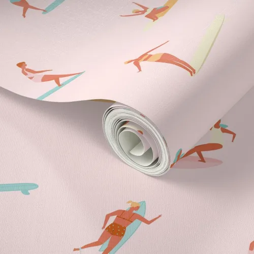 Miniatura 2 de Despegar y pegar papel tapiz Swatch - Chicas Surfers Rosa Surfing Girl Sport Hawaii Retro Ocean Nautical Beach Papel pintado personalizado extraíble