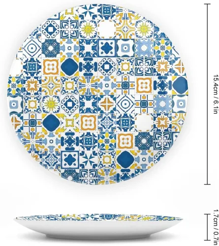 Miniatura 2 de XISUNYA Plato decorativo de 6 pulgadas, porcelana redonda amarilla y azul, mosaico arabesco, adorno decorativo para decoración de cenas, fiestas