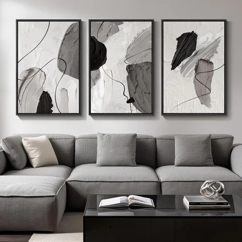 Miniatura 40 de Arte abstracto neutro en blanco y negro para sala de estar, 3 cuadros de impresiones en lienzo, para paredes, imágenes geométricas minimalistas