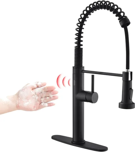Fapully Grifo de cocina negro con rociador extraíble, sensor de movimiento sin contacto grifo de una sola manija para fregadero de cocina Negro
