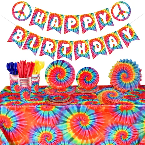 Yaomiao Juego de vajilla de 171 piezas con diseño de teñido anudado para decoración de cumpleaños, para fiestas, incluye 24 unidades, incluye