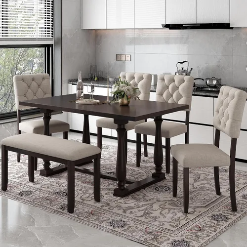 Miniatura 10 de Harper & Bright Designs Juego de mesa de comedor de madera gris de 6 piezas con banco tapizado y 4 sillas de comedor, patas de forma especial
