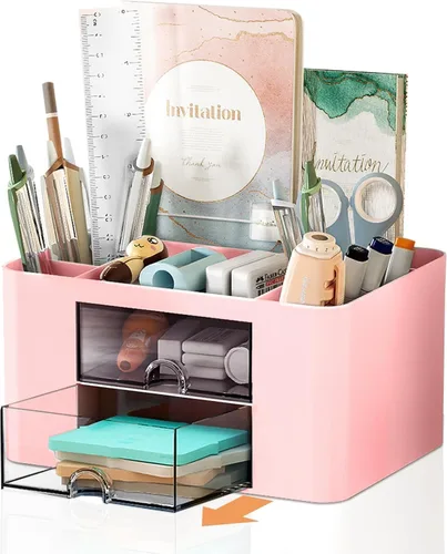 Miniatura 9 de Organizador de escritorio Vimbo de 7 rejillas con cajón – Organizador de mesa multifuncional de plástico y soporte para bolígrafos para la escuela