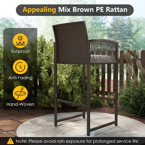 Miniatura 5 de Tangkula Juego de barra de patio de 3 piezas, mesa de metal de altura de barra de mimbre para exteriores de servicio pesado y sillones con cojines