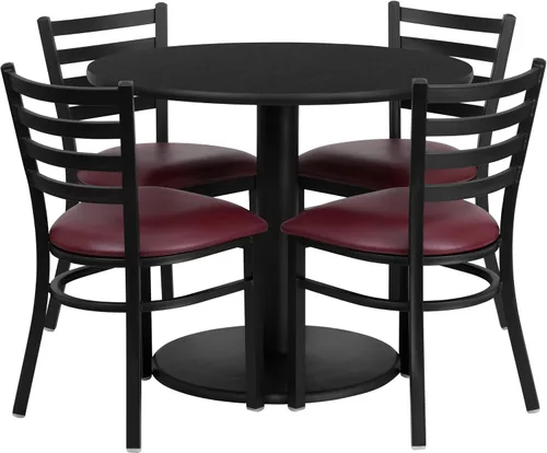 Miniatura 3 de Flash Furniture Juego de mesa redonda laminada negra de 36 pulgadas con base redonda y 4 sillas de metal con respaldo de escalera, asiento de vinilo