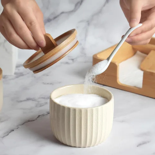 Miniatura 7 de Recipiente de sal con tapa de bambú, cuencos de cerámica de gran capacidad de 14 onzas, caja de pimienta, recipiente de condimentos de esmalte Crema