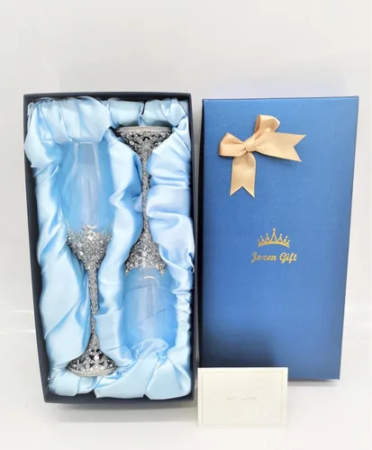 Miniatura 7 de Copas de champán – Base de metal de cristal con piedras de cristal, juego de 2 pares de flautas de tostado, boda, aniversario, fiesta, cumpleaños