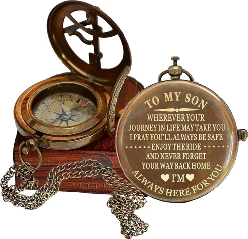 Regalos para hijo mamá y papá, con brújula a mi hijo viene con estuche de cuero de grano de latón náutico – Brújula de reloj de sol personalizado,