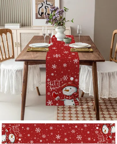 Miniatura 20 de Camino de mesa de muñeco de nieve de Navidad negro – Lino de algodón de 36 pulgadas de largo, bufandas de vestido de Navidad con copo de nieve