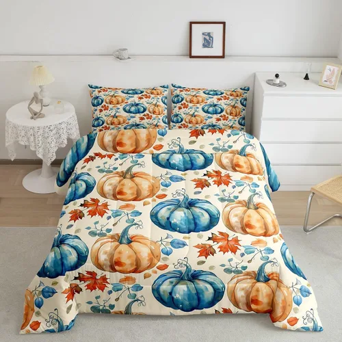 Miniatura 23 de Erosebridal Edredón de Halloween, edredón de otoño con hojas de plumón para dormitorio, decoración de sala de estar, farol de calabaza, juego