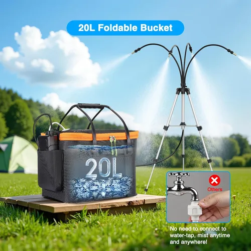 Sistema de nebulización portátil con soporte, juego de rociadores de refrigeración de agua de 6000 mAh para patio exterior, cubo de 20 L, altura