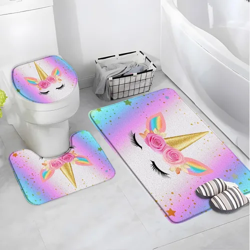 AMFD Juego de 3 alfombras de baño con diseño de unicornio, arco iris, cabeza mágica, rosa, flor, romántico, niña, niña, niña, rosa, azul,
