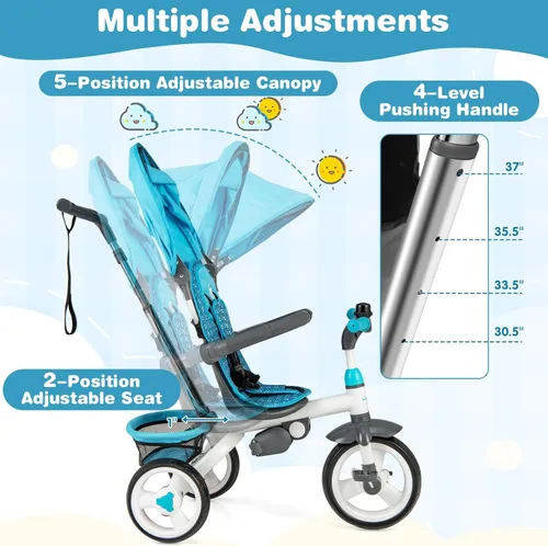 Miniatura 3 de Costzon - Triciclo para niños pequeños, 6 en 1 con mango para padres, toldo ajustable, almacenamiento, arnés de seguridad y frenos de rueda