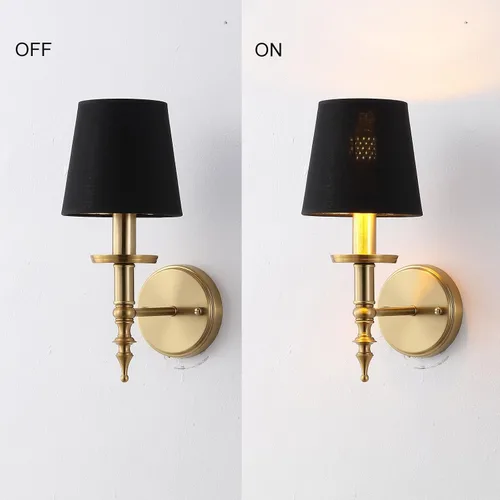 Miniatura 7 de Moderno aplique de pared industrial de mediados de siglo, lámpara de pared de tocador de baño con marco de latón cepillado y pantalla de lino negro