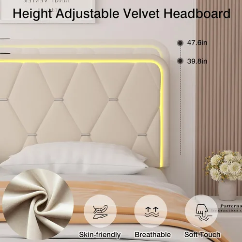 Miniatura 6 de VECELO Base de cama individual tapizada con cabecera ajustable, plataforma de terciopelo con luces LED, estación de carga, base de colchón