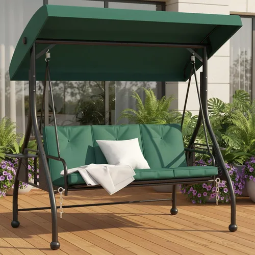 Miniatura 12 de Cama columpio para porche de 3 asientos con toldo ajustable y cojines extraíbles, marco de acero resistente, columpio para patio al aire libre, Azul