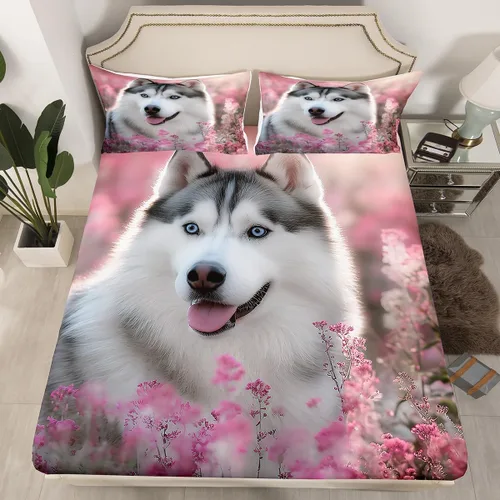 Miniatura 3 de Feelyou Husky - Juego de sábanas con diseño de flor de cerezo rosa, ropa de cama para perro, 1 sábana encimera y 1 sábana bajera ajustable con 1