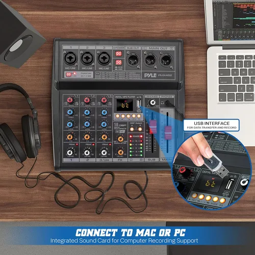 Miniatura 5 de Pyle Mezclador profesional de audio DJ - Controlador de 3 canales con 16 efectos DSP preestablecidos - Interfaz USB - 3 entradas de micrófono/línea