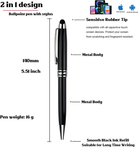 Miniatura 7 de Ancolo Bolígrafos personalizados con lápiz digital - Cuerpo metálico grabado con su mensaje, nombre/número de teléfono, tinta negra. Ideal
