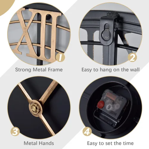 Miniatura 6 de Reloj de pared decorativo grande de 24 pulgadas, reloj de pared de metal industrial con números romanos, negro, silencioso, sin tictac, funciona