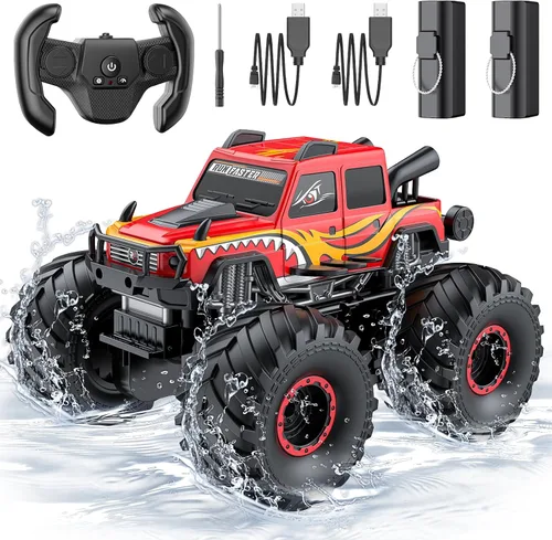 WayEee Coche de juguete a control remoto para niños de 6 años en adelante, juguete de camión monstruo impermeable, camioneta anfibia 4 x 4, Rojo