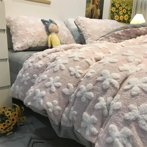 Miniatura 5 de Juego de sábanas de lujo, juego de funda de edredón, ropa de cama tamaño individual, terciopelo de leche ultra grueso, suave terciopelo coral