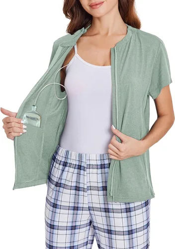 Miniatura 8 de Deyeek Camisas de mastectomía con bolsillos de drenaje Tops post cirugía de hombro para mujeres con puerto de quimio manga corta con cremalleras