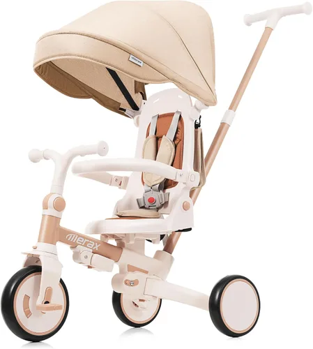 Miniatura 8 de Cochecito de triciclo de bebé 7 en 1 para niños pequeños de 1 a 6 años con mango de empuje ajustable, asiento giratorio, toldo retráctil Amarillo