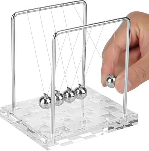 Miniatura 3 de Péndulo de Newton con Bolas de Equilibrio, Péndulo Clásico de Newton con Base de Tablero de Ajedrez Plateado y Blanco, Gadget de Física Científica