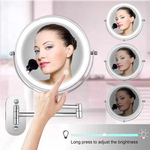 Miniatura 3 de Espejo de maquillaje con iluminación LED, funciona con pilas, aumento de 1x/10x, 8 pulgadas, luz ajustable con botón táctil, cromo pulido