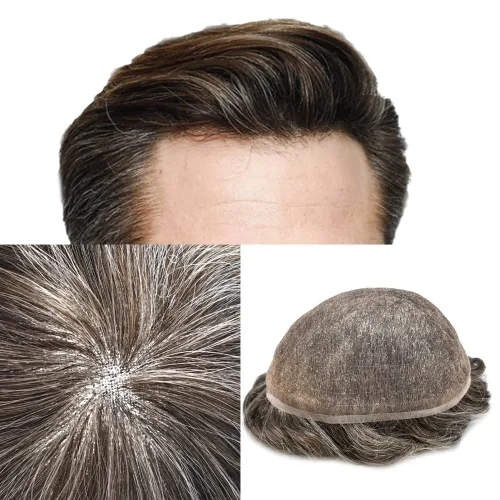 Miniatura 15 de Toupee para hombres nudos blanqueados hombres toupee hairpieces europeo virgen sistema de reemplazo de cabello humano suave encaje francés hombres