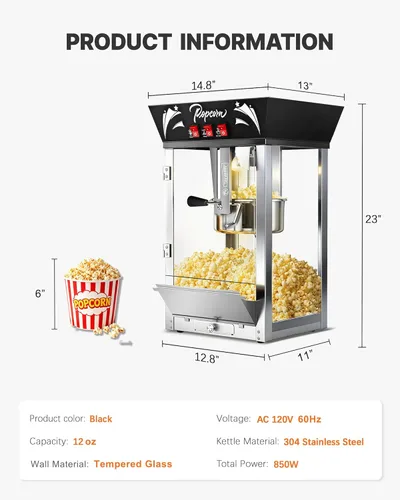 Miniatura 8 de Máquina comercial de palomitas de maíz de 12 onzas, 850 W, máquina de palomitas de maíz de cine, máquina de palomitas de maíz de mesa negra con Negro