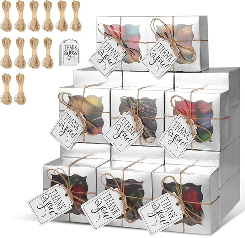 Miniatura 12 de KPOSIYA 60 cajas de panadería negras con ventana, cajas individuales de 4 x 4 x 2.5 pulgadas, caja de regalo de papel kraft negro para pasteles