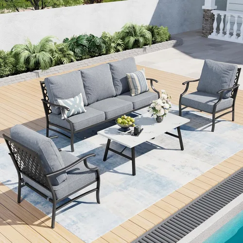 Miniatura 25 de SUNSHINE VALLEY Juego de muebles de patio, 4 piezas de muebles modernos de metal para exteriores, sofá de 3 plazas, 2 sillas mecedoras, mesa