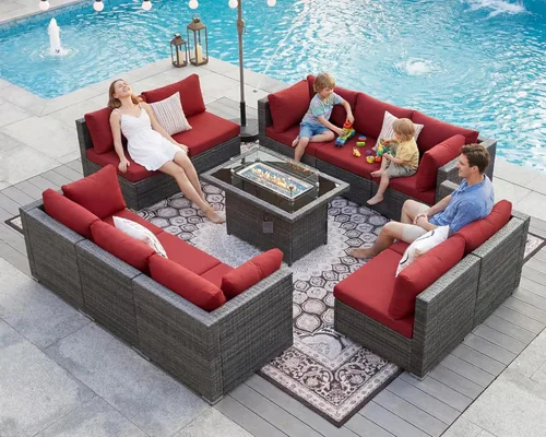 Miniatura 23 de BULEXYARD Juego de 7 piezas de sofá seccional para exteriores con respaldo alto, mesa para fogatas, juego de muebles de patio de mimbre resistente a