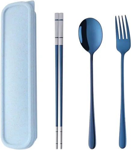 Cubiertos de viaje portátiles, 3 piezas, cuchara, tenedor, palillos, acero inoxidable 18/10, con estuche y bolsa para la escuela, el trabajo, la