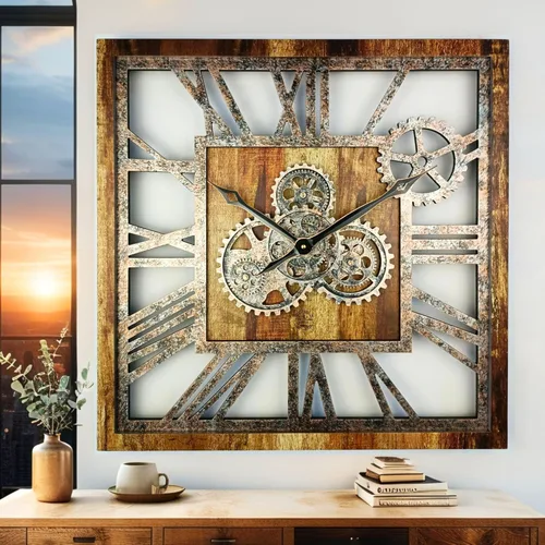 ImprovingLife The Gears Clock - Reloj de pared cuadrado con engranaje móvil real de 24 pulgadas, estilo vintage, industrial, de gran tamaño, casa de