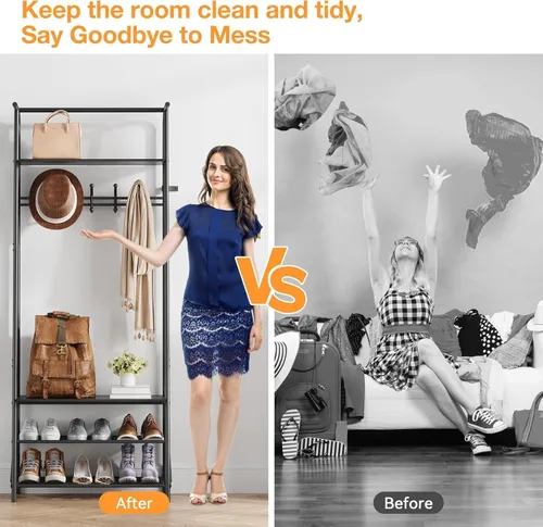 Miniatura 3 de IDEALHOUSE Perchero para zapatos con 5 ganchos, banco de entrada con almacenamiento, muebles decorativos de aspecto de madera con marco de metal