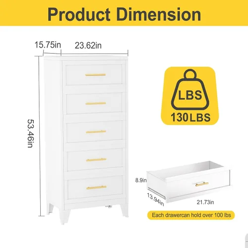 Miniatura 3 de Cómoda blanca de 5 cajones para dormitorio, cómodas y cajoneras de metal de 53.46 pulgadas de alto con diseño de esquinas curvas, cajonera Blanco