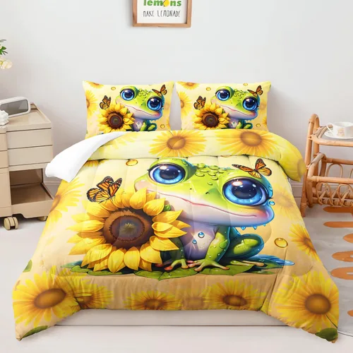 Miniatura 11 de AILONEN Lindo juego de edredón de ajolote tamaño Queen, 3 piezas para niños y niñas, ropa de cama en una bolsa, ropa de cama costera azul turquesa