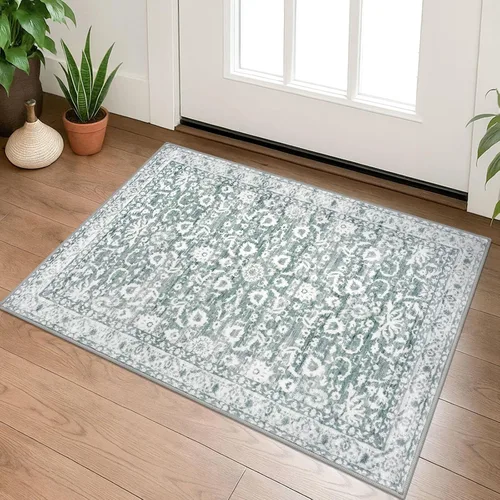 Miniatura 48 de Lansny Alfombra bohemia de 2 x 3 pulgadas, lavable, color negro, azul marino, floral, alfombra de cocina, alfombra de área pequeña de lana